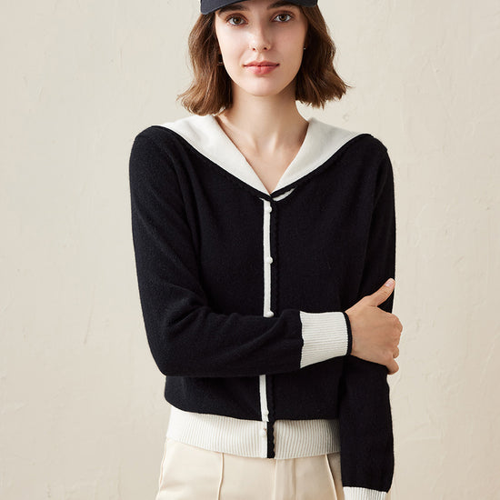 COMOBOCA Black 100% Cashmere Women's Sailor Collar Faux Cardigan