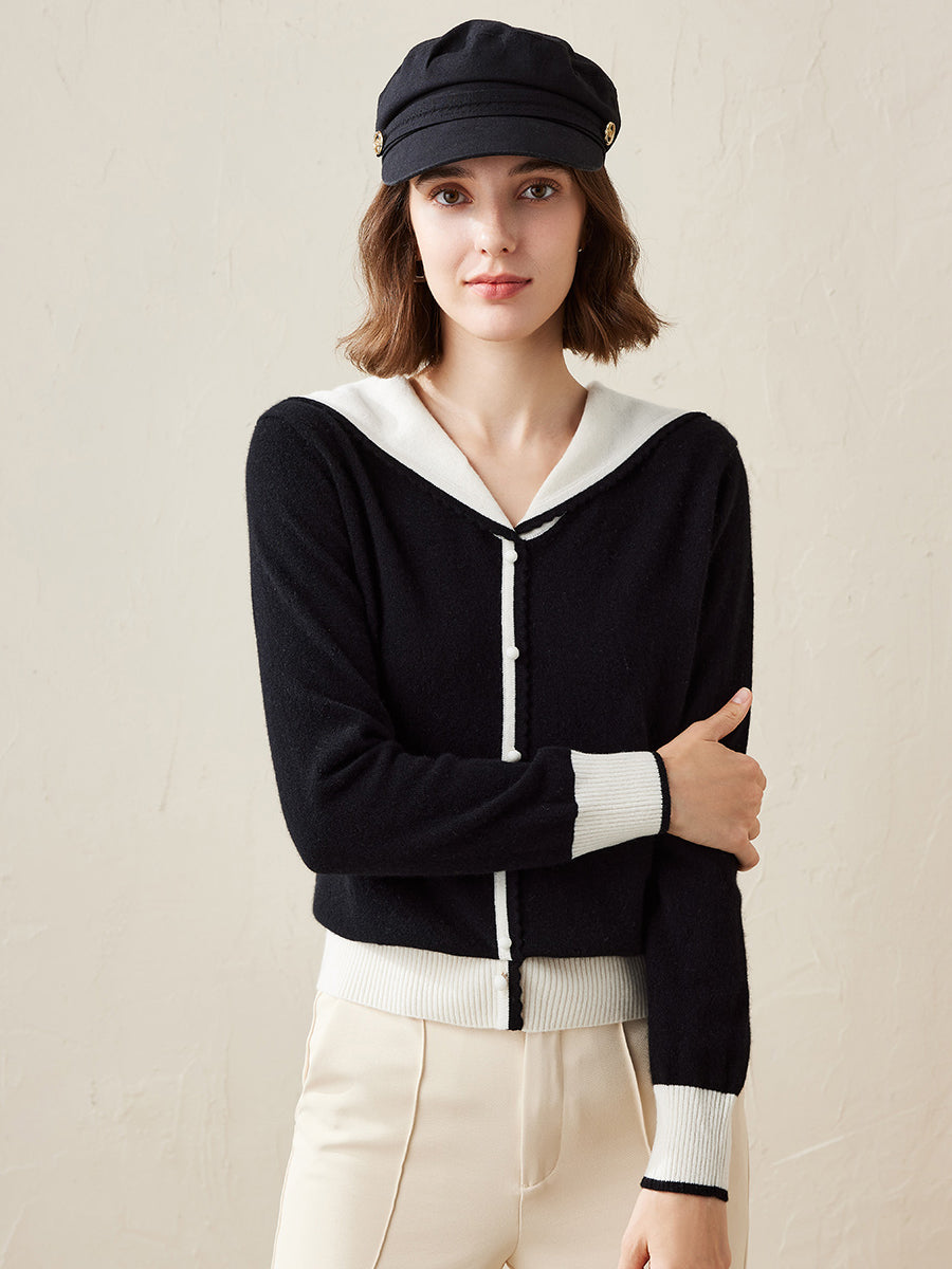 COMOBOCA Black 100% Cashmere Women's Sailor Collar Faux Cardigan