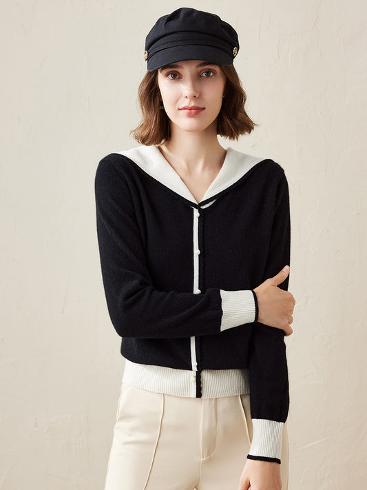 COMOBOCA Black 100% Cashmere Women's Sailor Collar Faux Cardigan