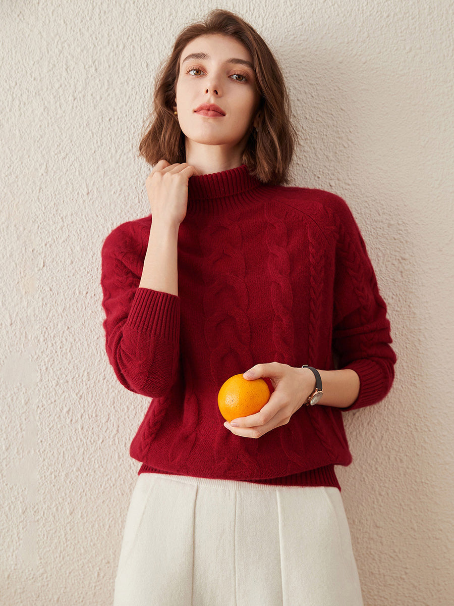 COMOBOCA 100% Cashmere Women's Turtleneck Cable Knit Sweater