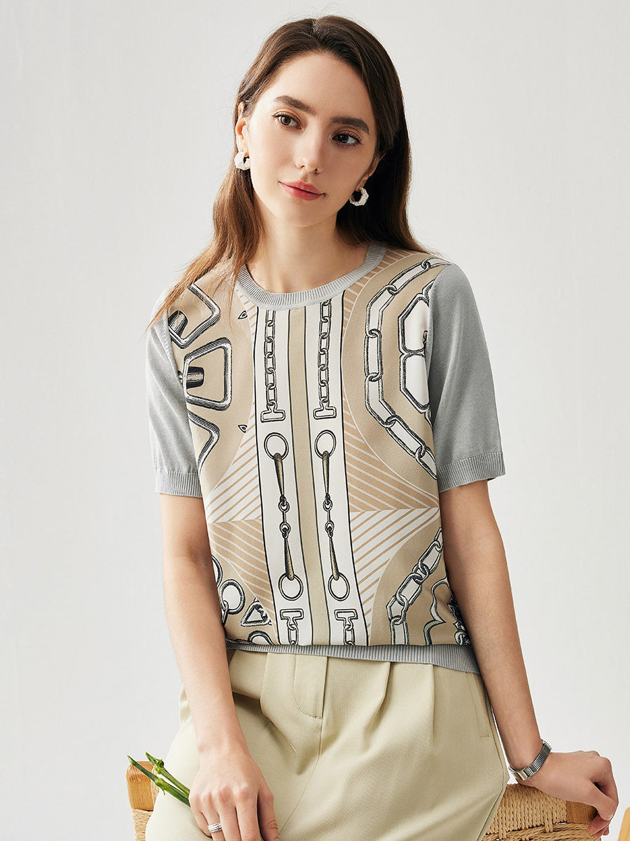 COMOBOCA Women's Graphic Chain Design Knit T-Shirt