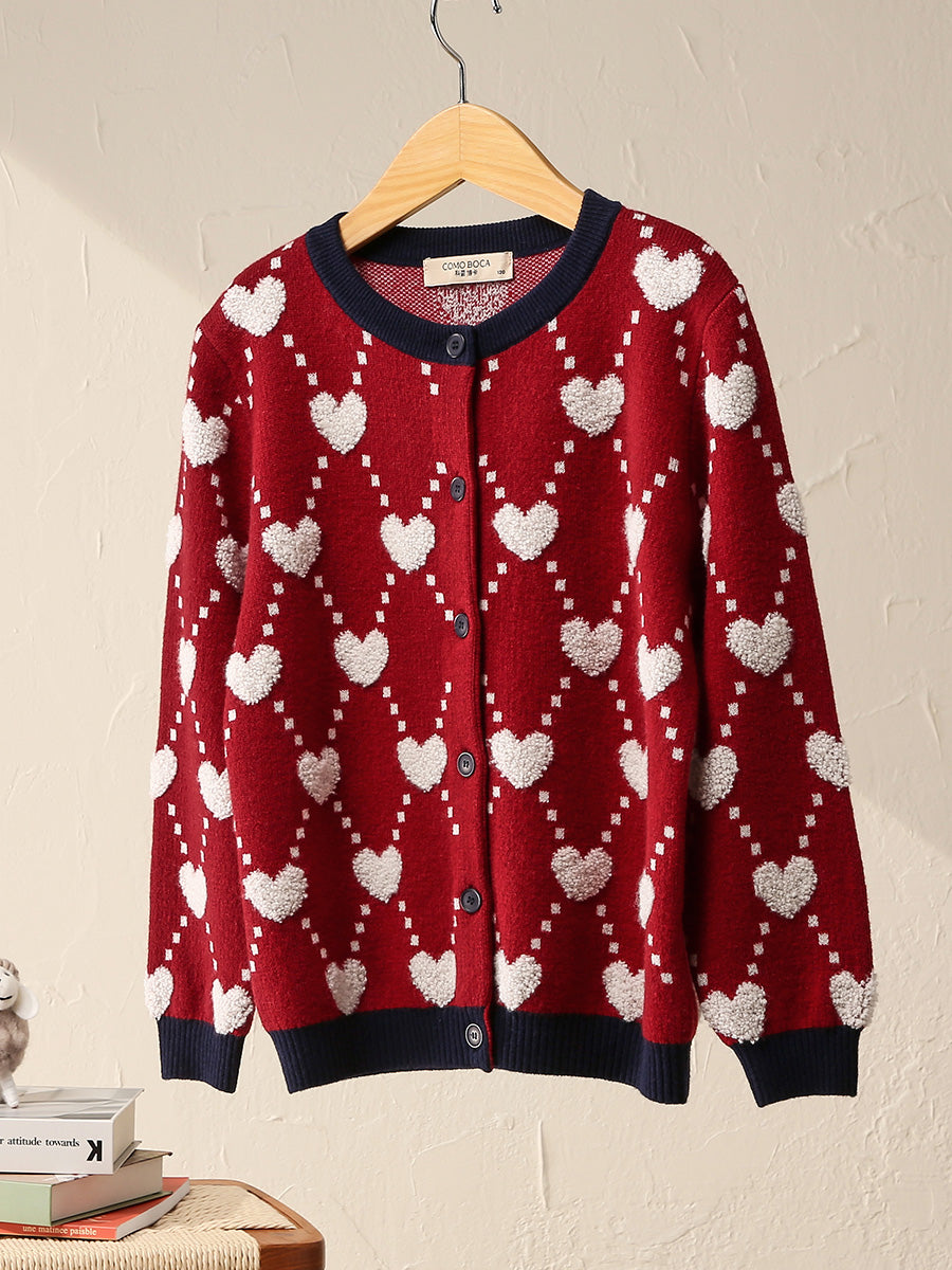 COMOBOCA Red 100% Wool Kids' Heart Pattern Knit Cardigan