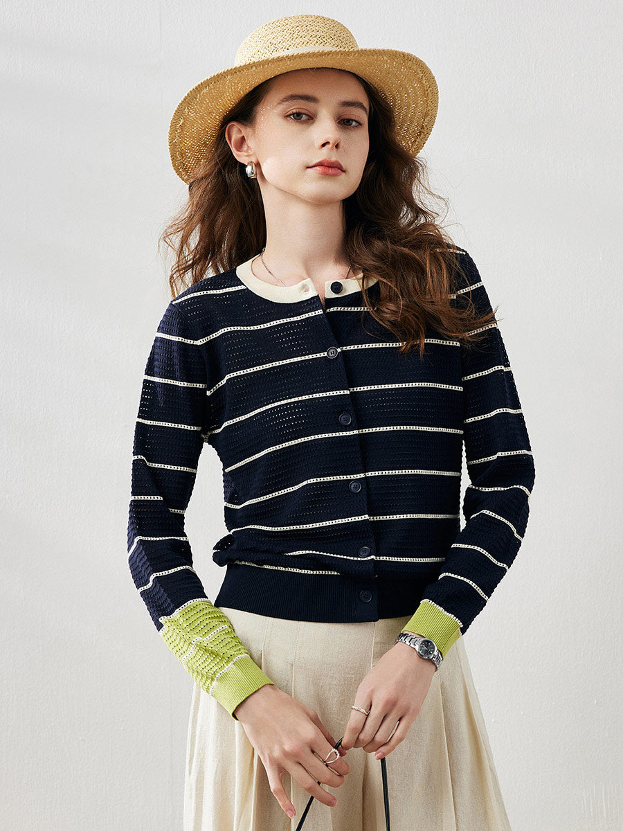 COMOBOCA Navy Blue Women's Striped Ribbed Button Down Cardigan