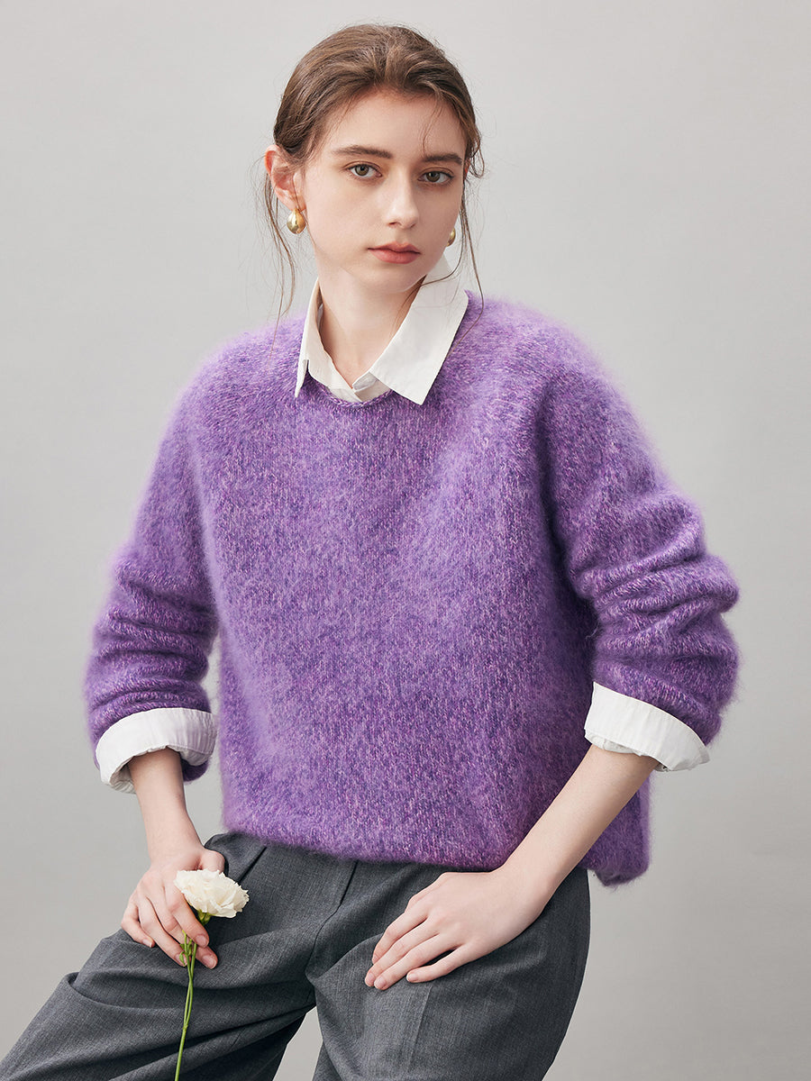 COMOBOCA 100% Wool Women's Fuzzy Round Neck Sweater