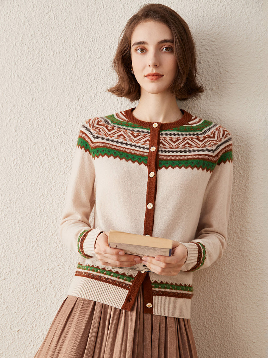 COMOBOCA 100% Cashmere Women's Vintage Inspired Geometric Knit Cardigan