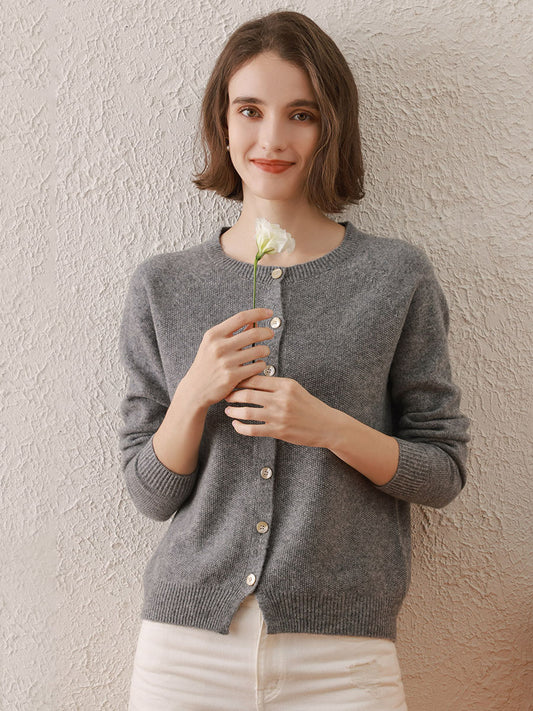 COMOBOCA 100% Wool Women's Round Neck Cardigan Sweater
