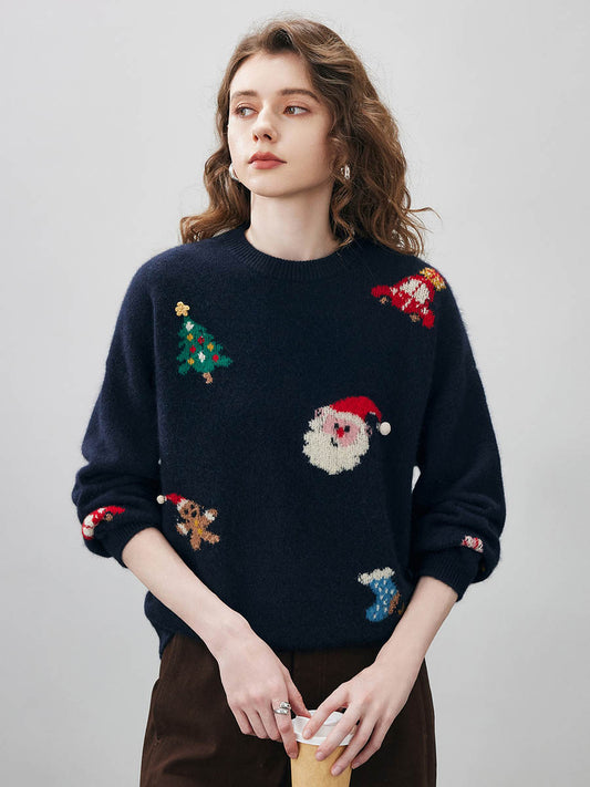 COMOBOCA Navy Blue Women's Wool Christmas Themed Round Neck Sweater