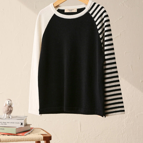 COMOBOCA 100% Wool Kid's Color Block Striped Sleeve Knit Sweater