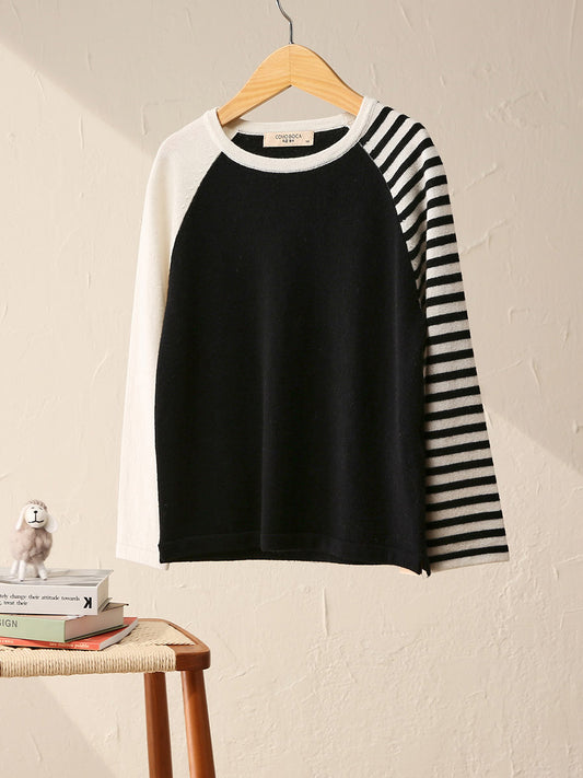 COMOBOCA 100% Wool Kid's Color Block Striped Sleeve Knit Sweater