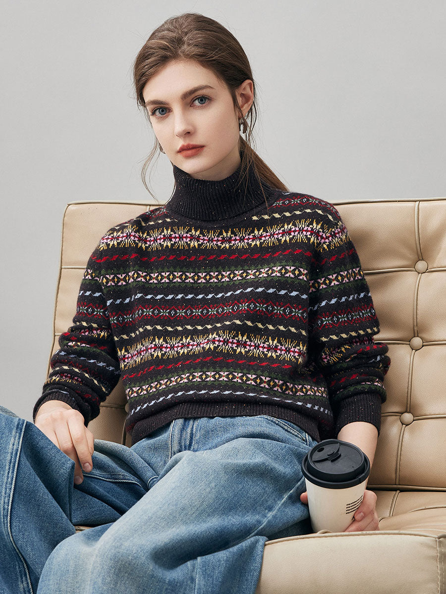 COMOBOCA 100% Cashmere Women's Fair Isle Turtleneck Sweater