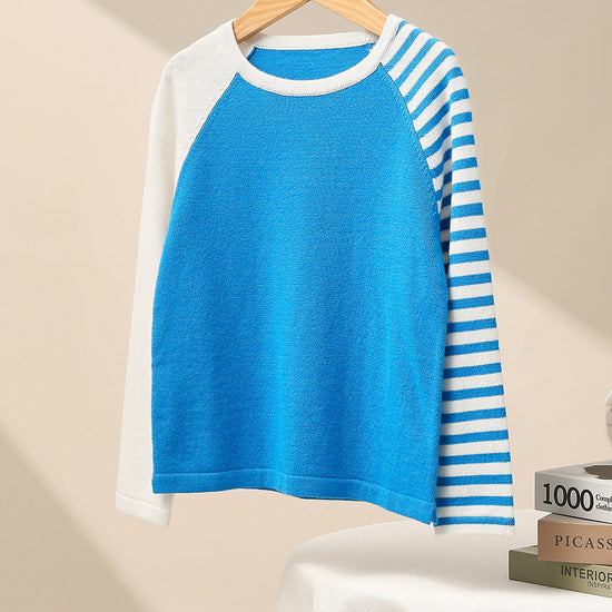 COMOBOCA 100% Wool Kid's Color Block Striped Sleeve Knit Sweater