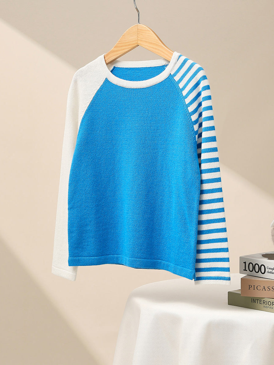 COMOBOCA 100% Wool Kid's Color Block Striped Sleeve Knit Sweater