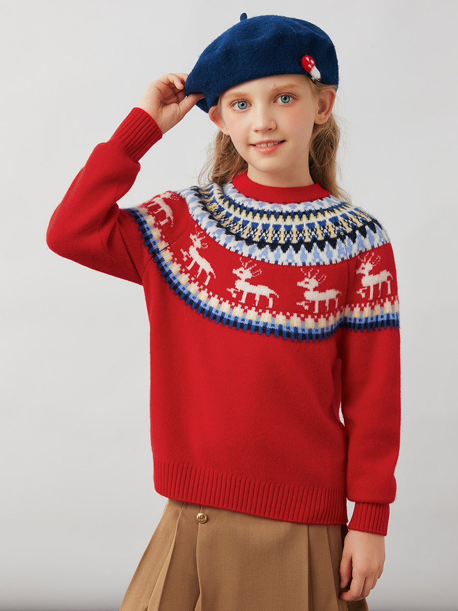COMOBOCA 100% Wool Kids' Fair Isle Reindeer Round Neck Sweater