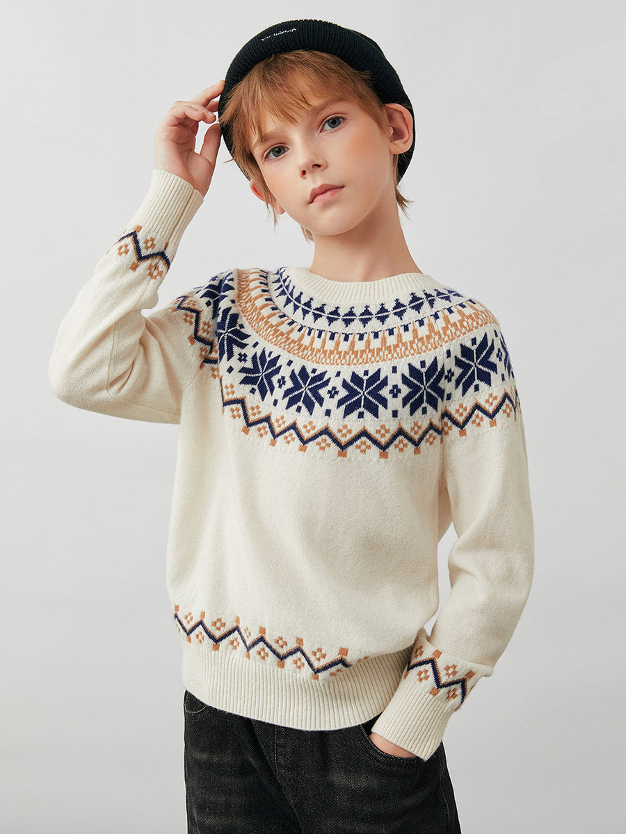 COMOBOCA Cloudy 100% Wool Kids' Fair Isle Snowflake Round Neck Sweater