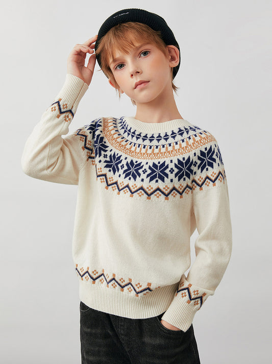 COMOBOCA Cloudy 100% Wool Kids' Fair Isle Snowflake Round Neck Sweater