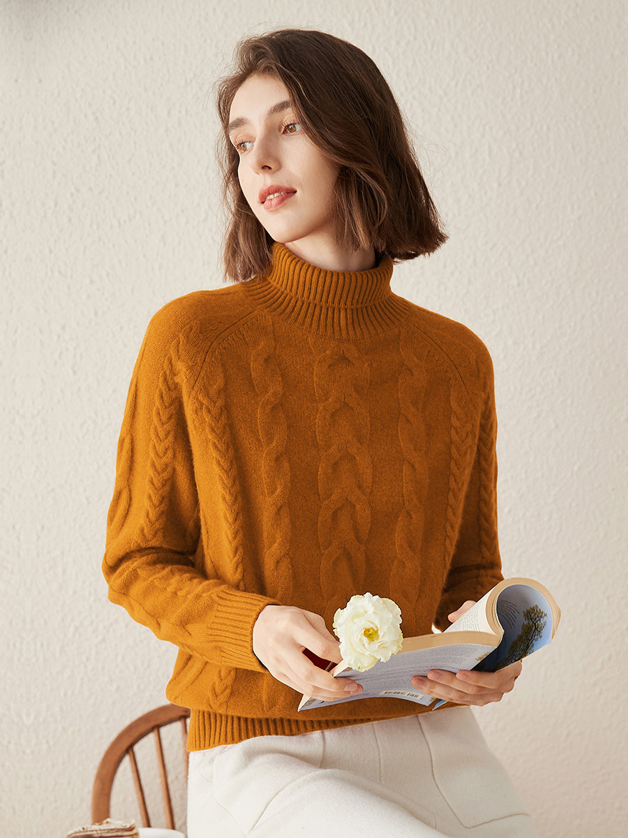 COMOBOCA 100% Cashmere Women's Turtleneck Cable Knit Sweater