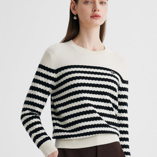 COMOBOCA 100% Cashmere Women's Striped Round Neck Sweater