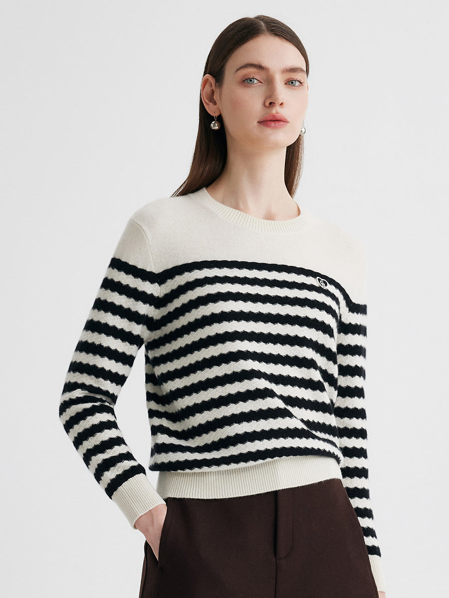 COMOBOCA 100% Cashmere Women's Striped Round Neck Sweater