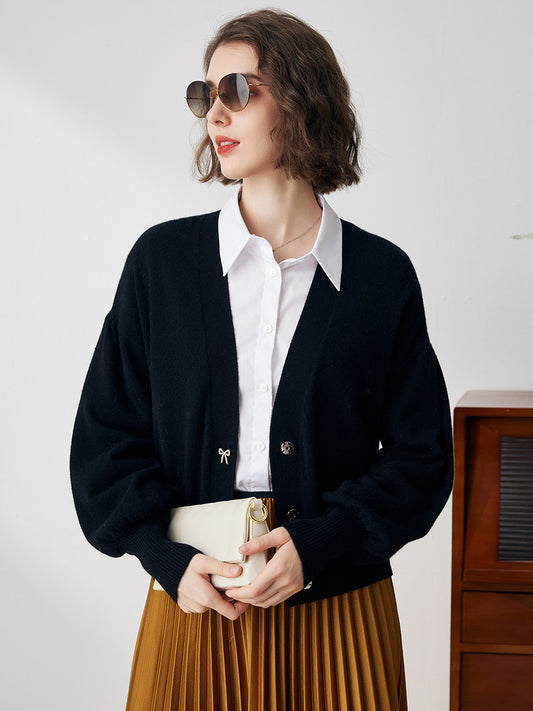 COMOBOCA Black 100% Cashmere Women's Puff Sleeve Knit Cardigan