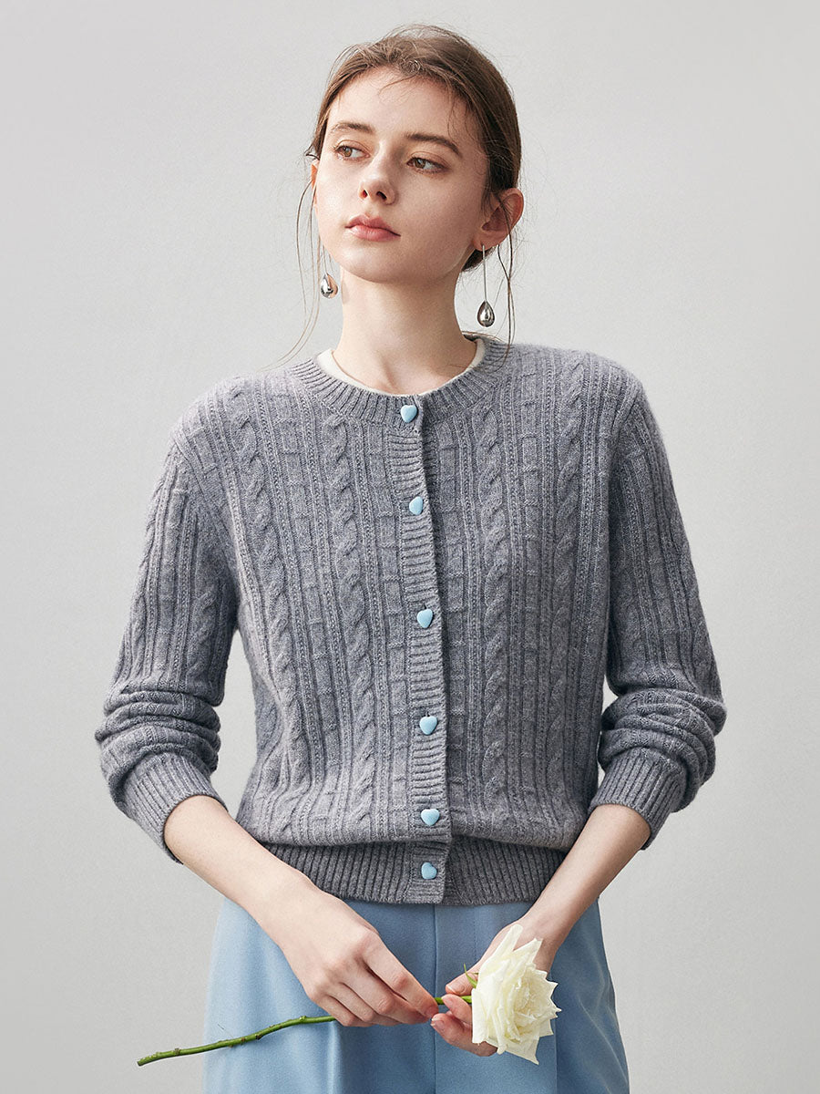 COMOBOCA Gray 100% Cashmere Women's Cable Button Front Knit Cardigan