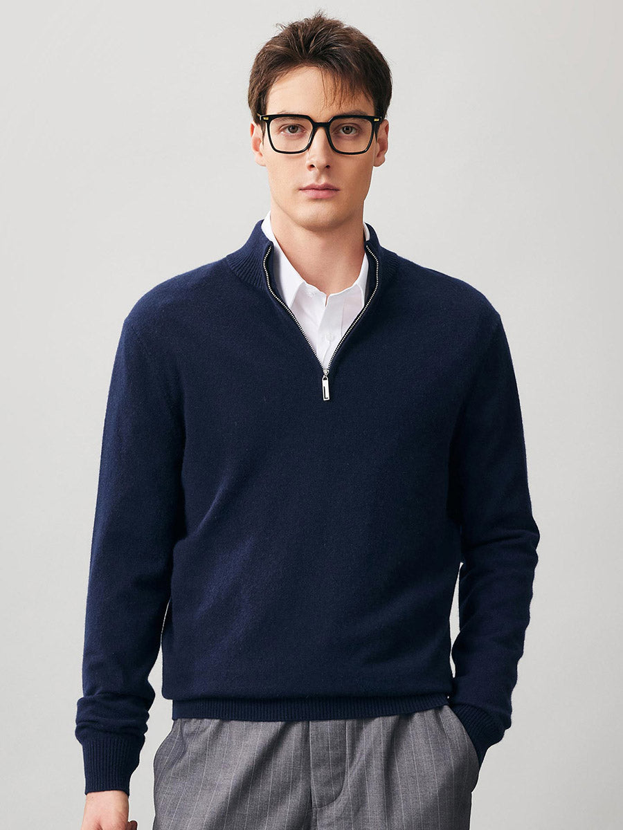 COMOBOCA Navy Blue 100% Cashmere Men's Half Zip Mock Neck Sweater
