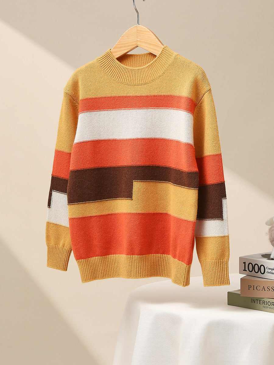 COMOBOCA Yellow 100% Wool Kids' Geometric Color Block Striped Knit Sweater