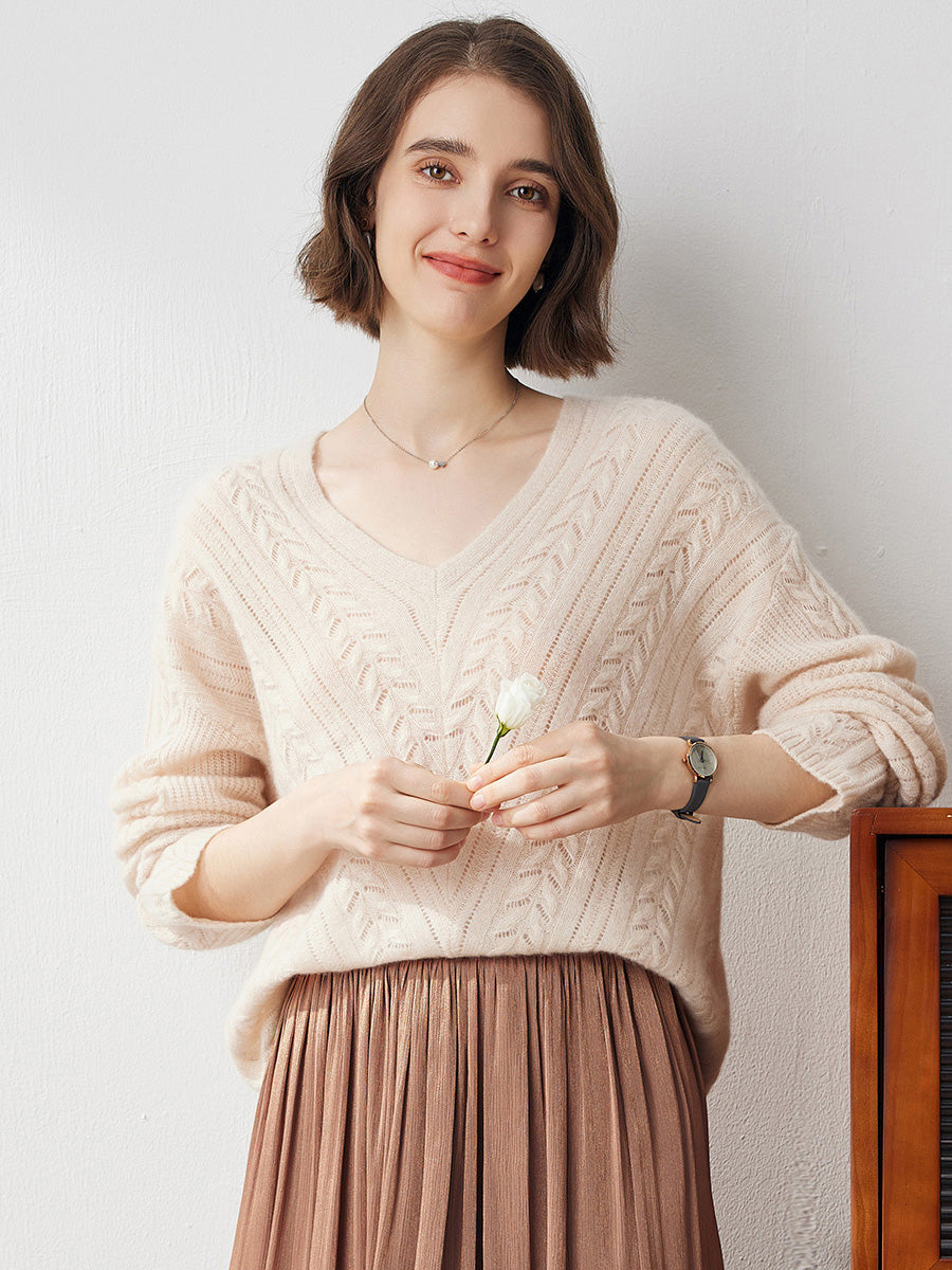 COMOBOCA CAMEL 100% Cashmere Women's V-Neck Drop Shoulder Sweater