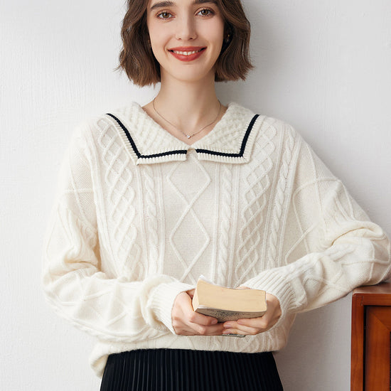 COMOBOCA Cloudy 100% Cashmere Women's Sailor Collar Cable Knit Sweater