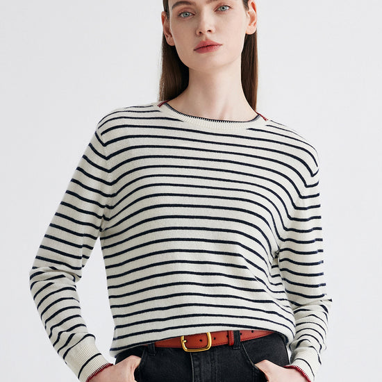 COMOBOCA Black 100% Cashmere Women's Striped Round Neck Sweater