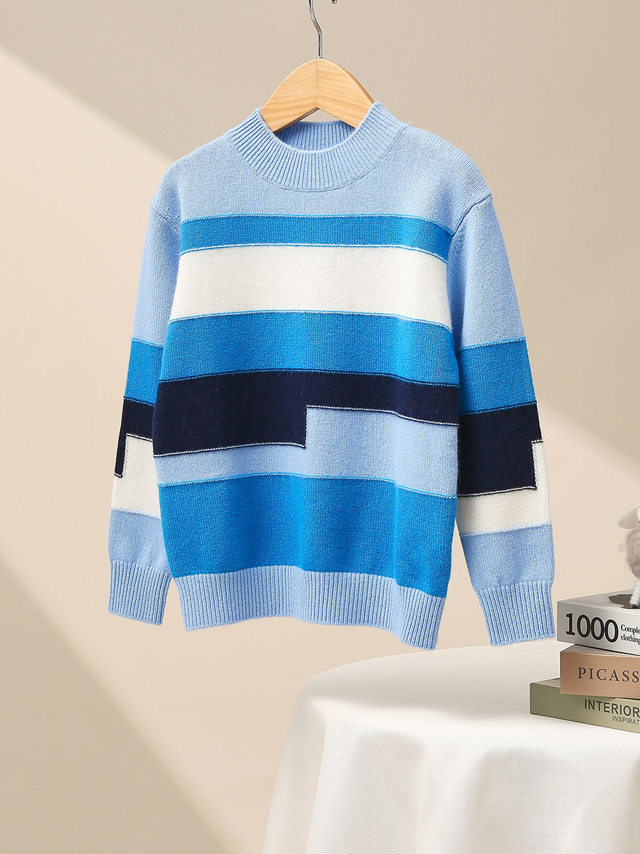 COMOBOCA Blue 100% Wool Kids' Geometric Color Block Striped Knit Sweater