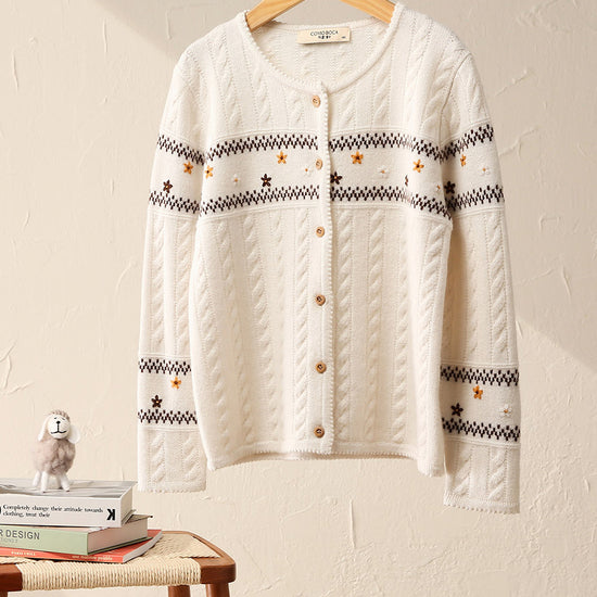 COMOBOCA 100% Wool Kid's Floral Embroidered Cable Knit Cardigan