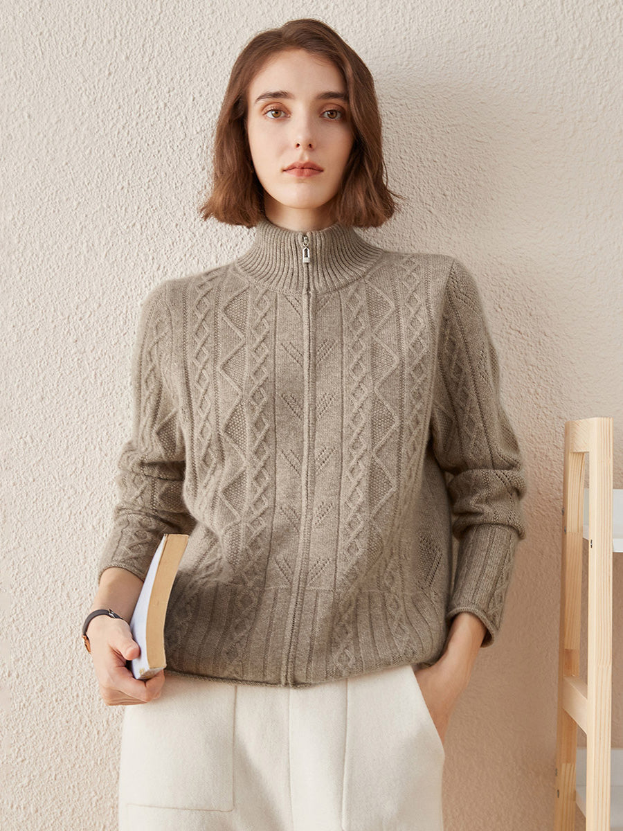 COMOBOCA Camel 100% Cashmere Women's Knit Zip Up Cardigan Sweater