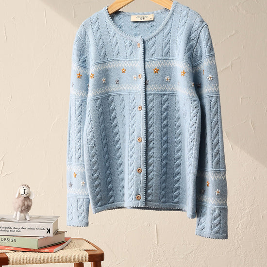 COMOBOCA 100% Wool Kid's Floral Embroidered Cable Knit Cardigan