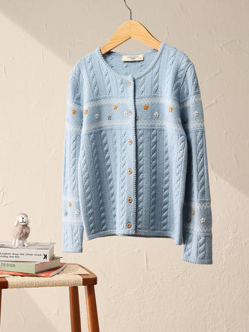 COMOBOCA 100% Wool Kid's Floral Embroidered Cable Knit Cardigan
