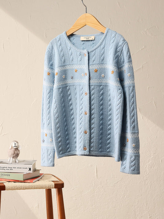 COMOBOCA 100% Wool Kid's Floral Embroidered Cable Knit Cardigan