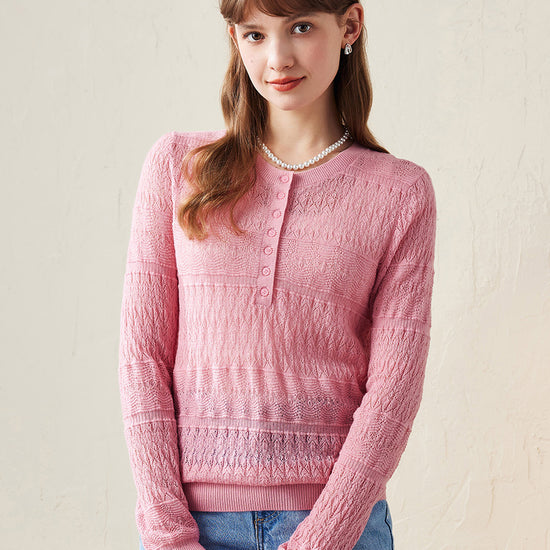 COMOBOCA Pink 100% Wool Women's Stylish Lace Knit Sweater