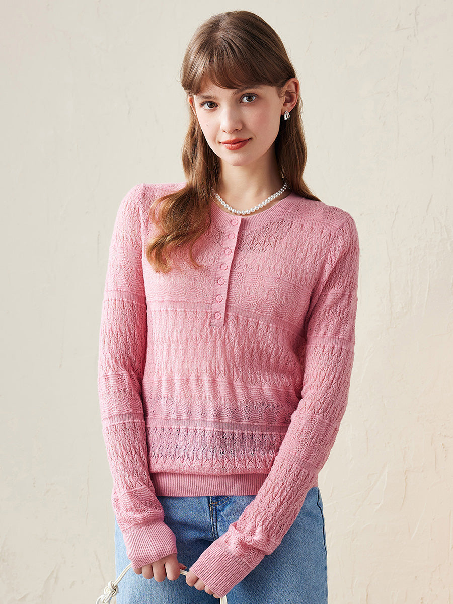 COMOBOCA Pink 100% Wool Women's Stylish Lace Knit Sweater