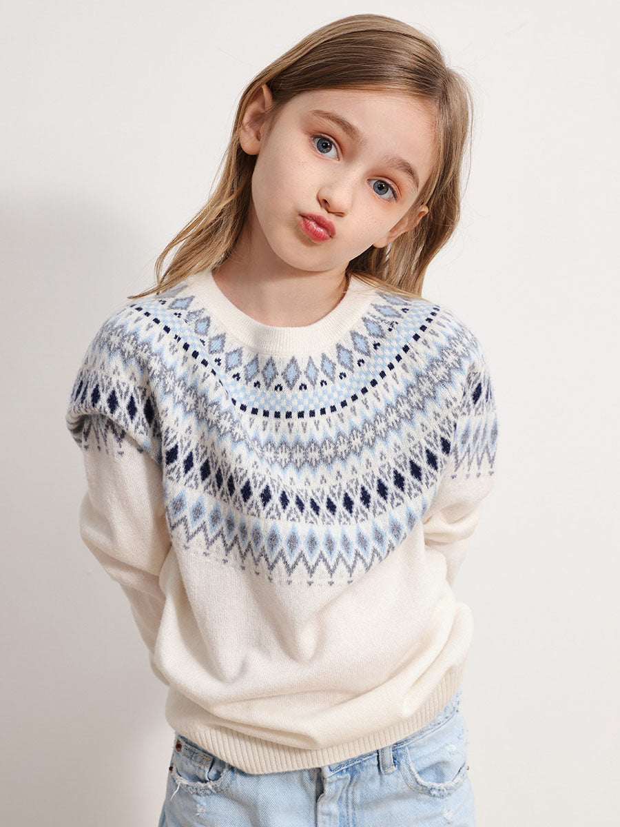 COMOBOCA WHITE 100% Wool Kids' Fair Isle Round Neck Sweater
