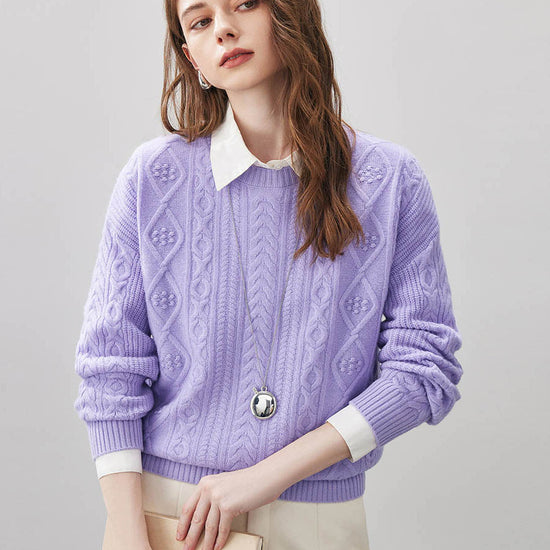 COMOBOCA Lavender Bloom 100% Wool Women's Cable Round Neck Knit Sweater