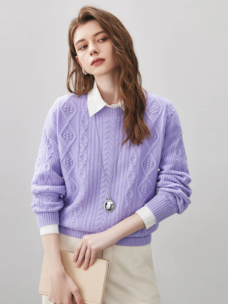 COMOBOCA Lavender Bloom 100% Wool Women's Cable Round Neck Knit Sweater
