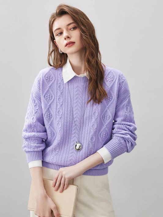 COMOBOCA Lavender Bloom 100% Wool Women's Cable Round Neck Knit Sweater