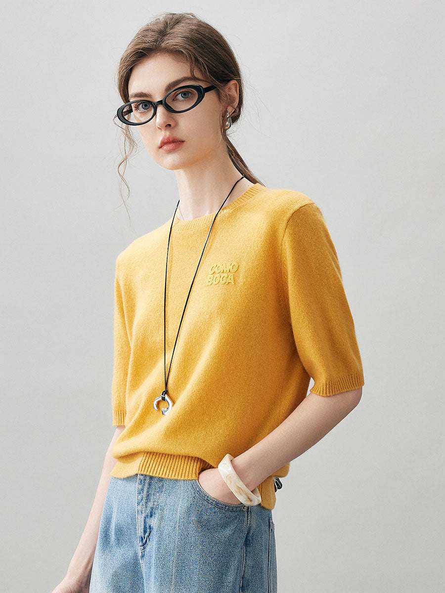 COMOBOCA 100% Cashmere Women's Embroidered Logo Short Sleeve Sweater