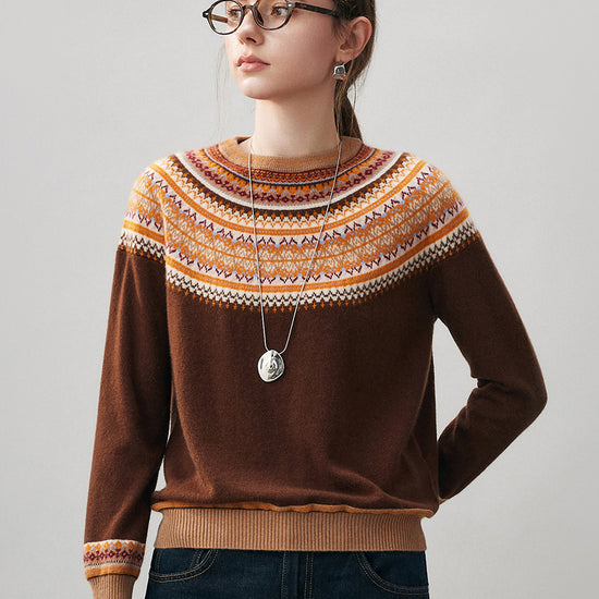 COMOBOCA Brown 100% Cashmere Women's Fair Isle Round Neck Sweater
