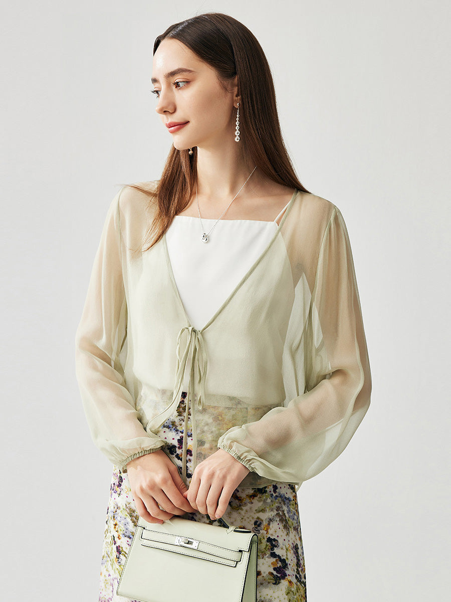 COMOBOCA Light Green 100% Mulberry Silk Women's Tie-Front Blouse