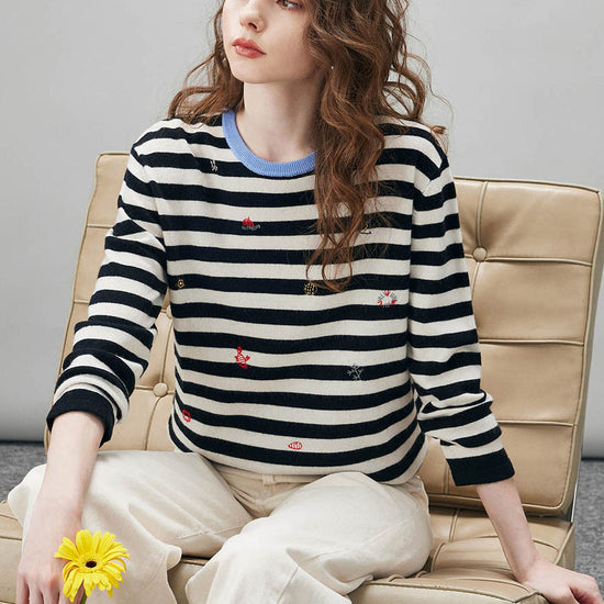 COMOBOCA 100% Wool Women's Striped Embroidered Sweater