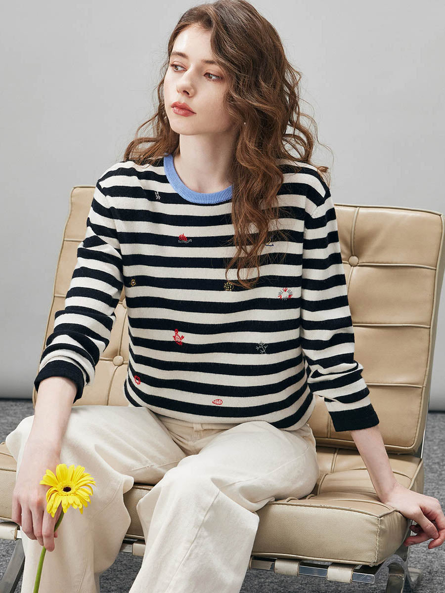 COMOBOCA 100% Wool Women's Striped Embroidered Sweater