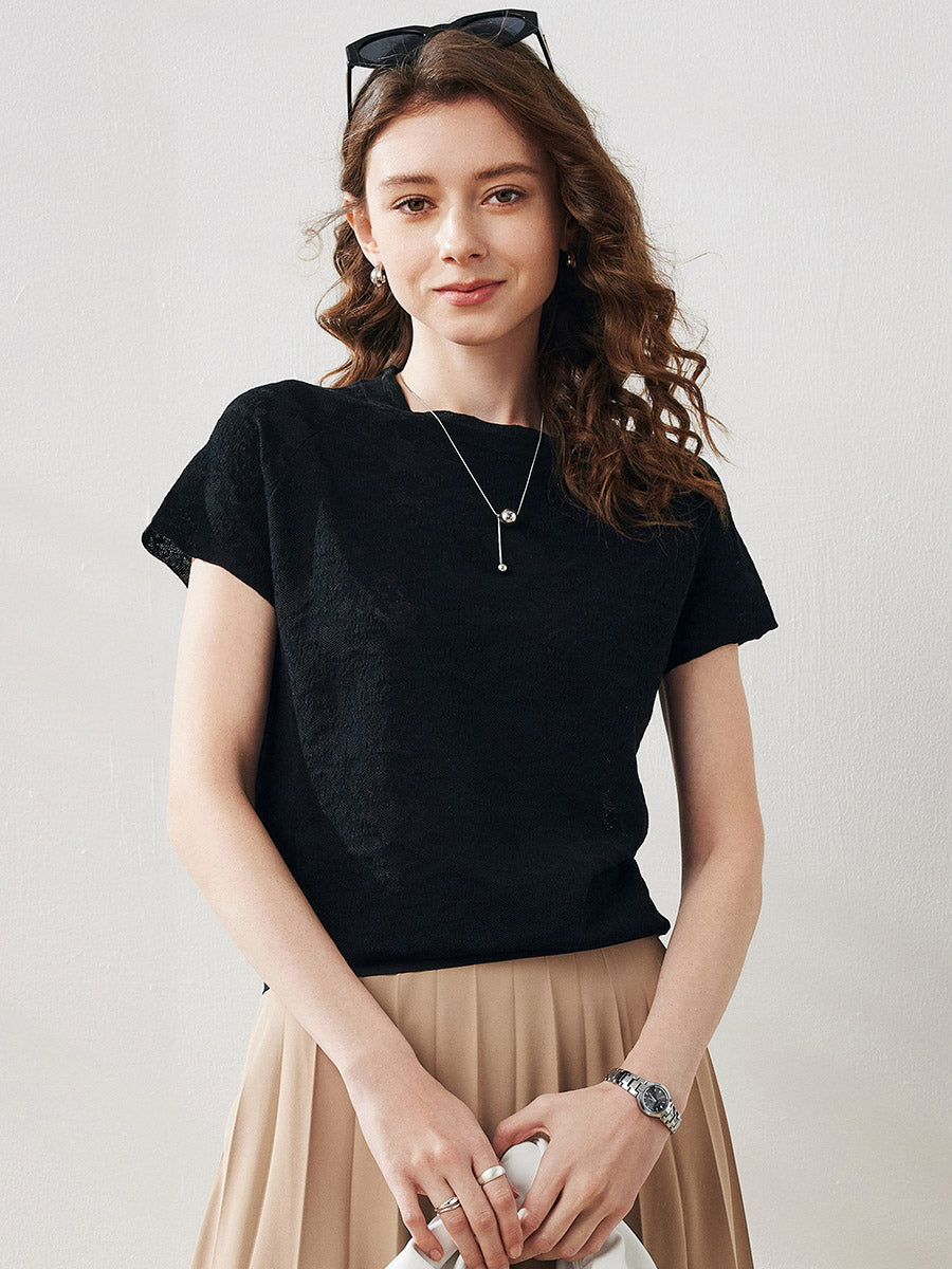 COMOBOCA Black Women's Lace Patterned Knit T-Shirt