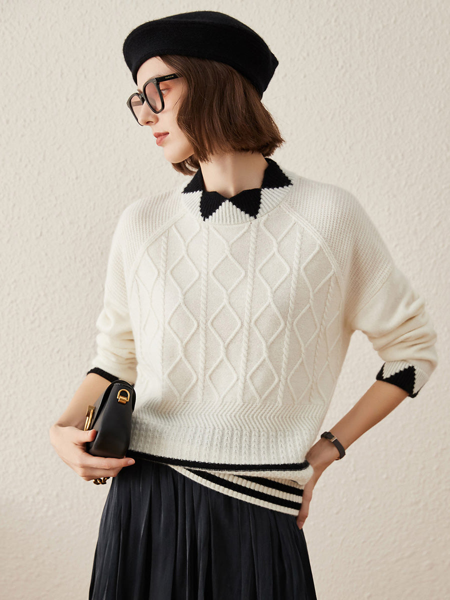 COMOBOCA 100% Cashmere Women's Contrast Jacquard Mock Neck Sweater
