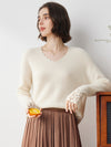 COMOBOCA BEIGE 100% Cashmere Women's V-Neck Loose Knit Sweater