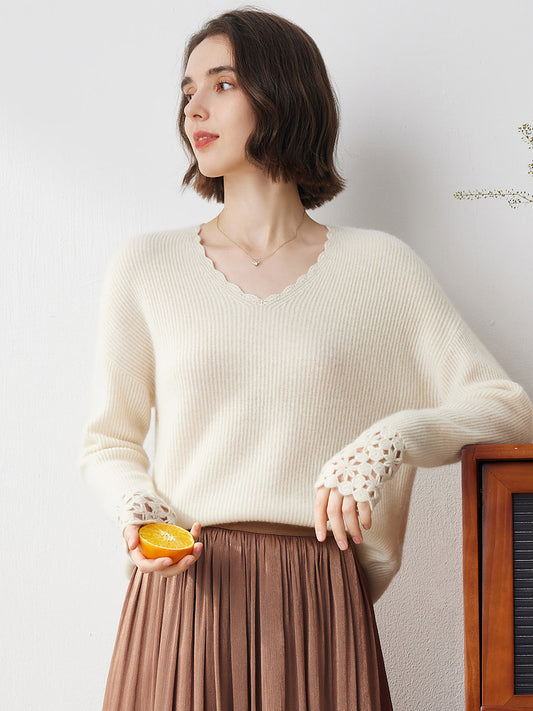COMOBOCA BEIGE 100% Cashmere Women's V-Neck Loose Knit Sweater